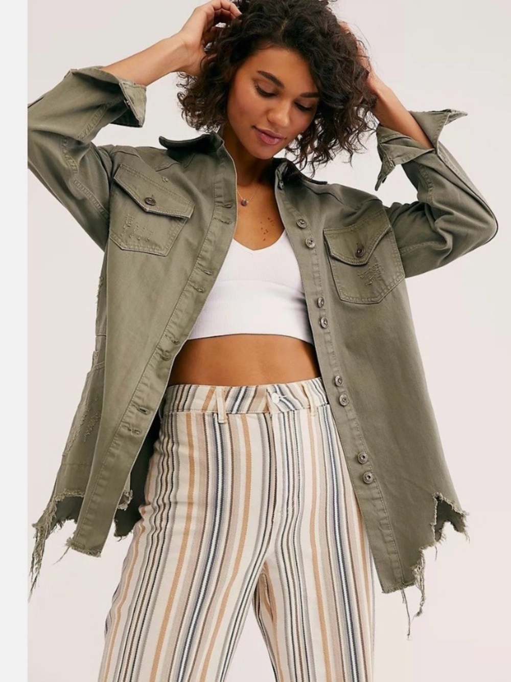 Free People Moonshine Olive Distressed Utility Jacket - Women